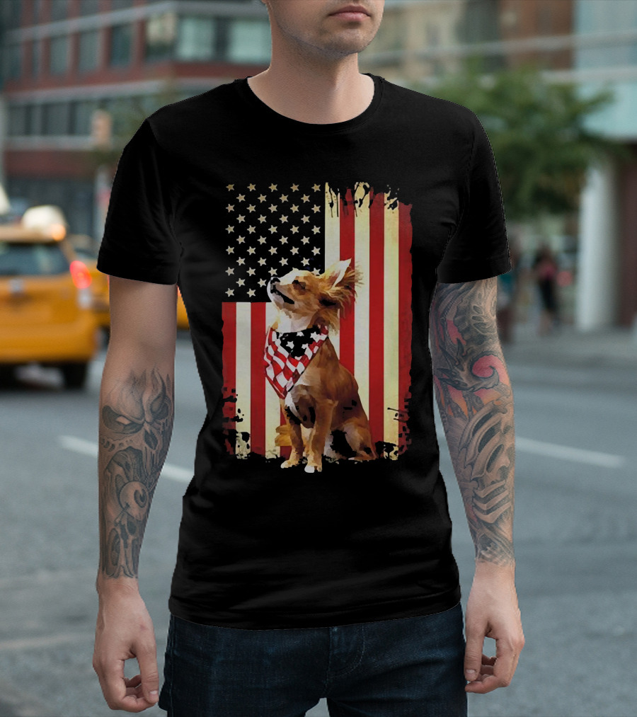 Patriotic Chihuahua with American Flag Background T-Shirt