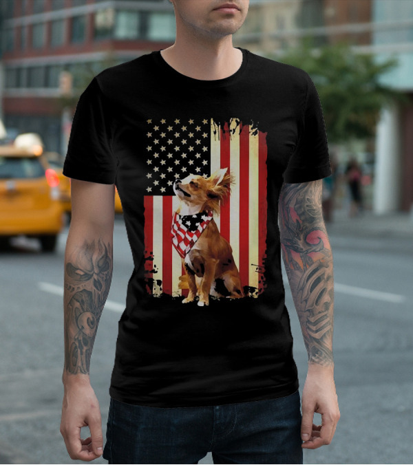 Patriotic Chihuahua With American Flag Background T-Shirt