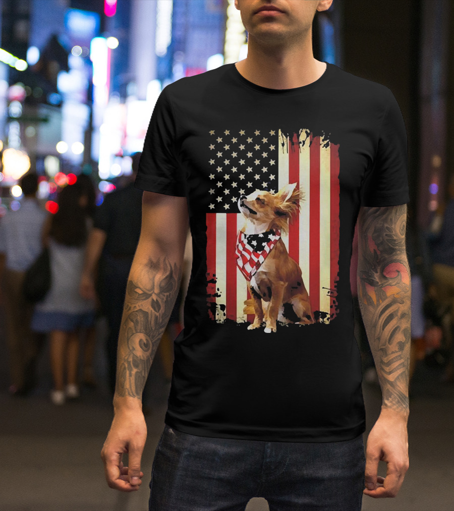 Patriotic Chihuahua With American Flag Background T-Shirt