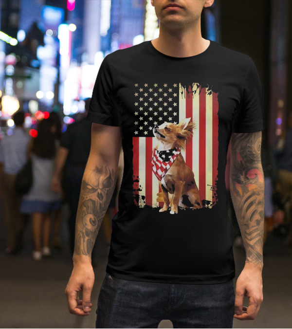 Patriotic Chihuahua With American Flag Background T-Shirt