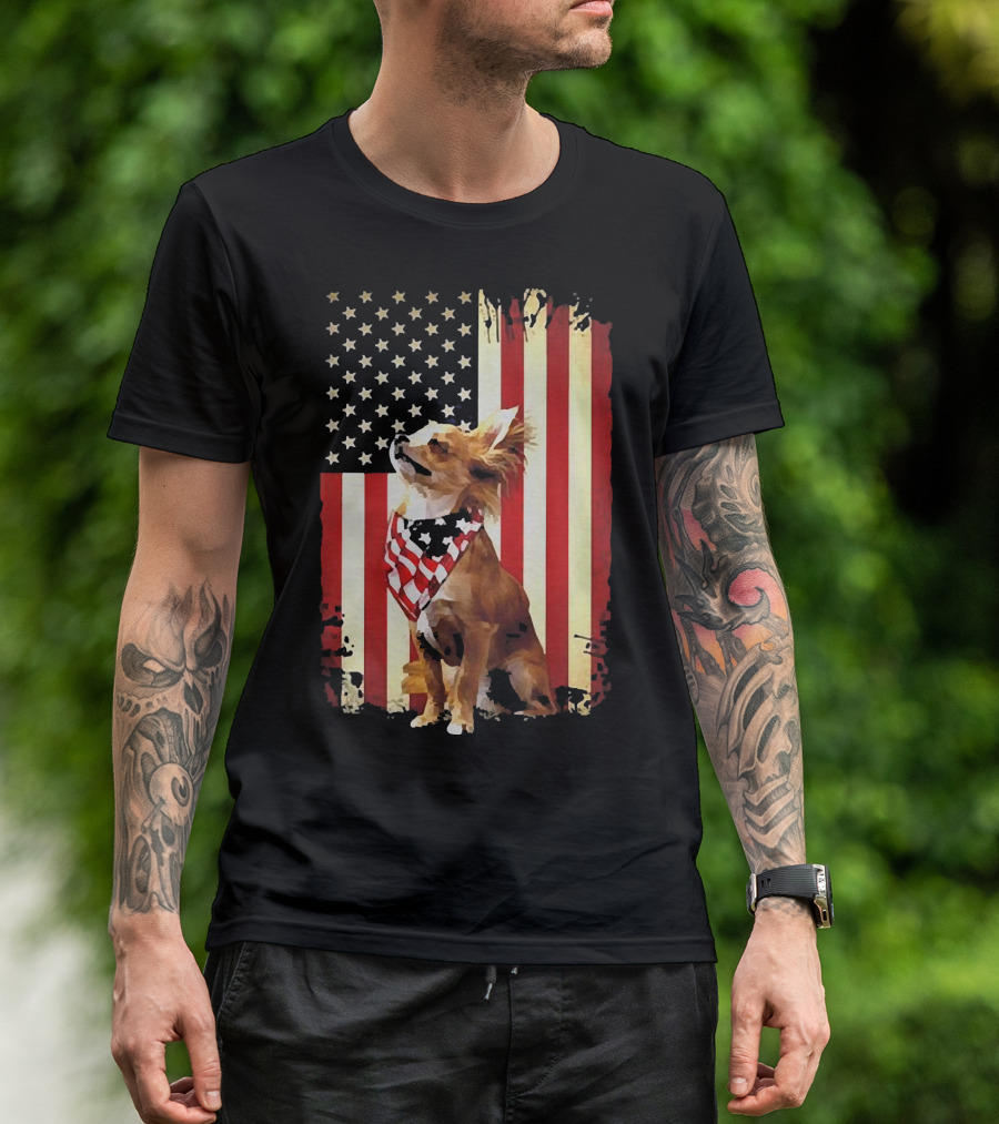 Patriotic Chihuahua With American Flag Background T-Shirt