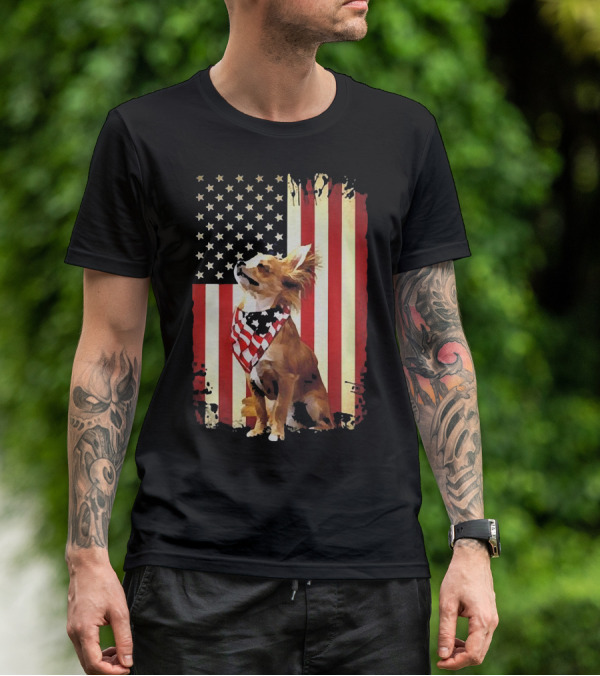 Patriotic Chihuahua With American Flag Background T-Shirt