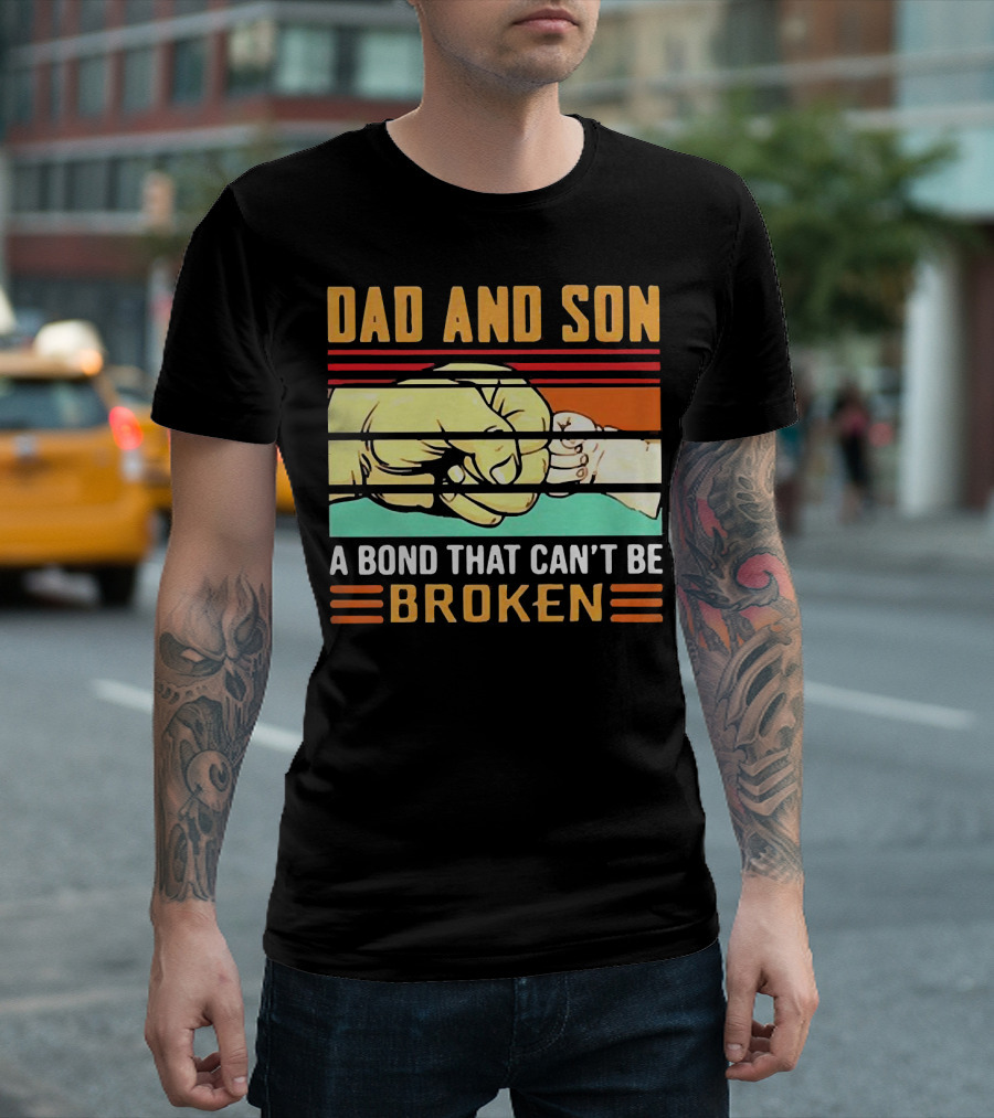 Dad and Son A Bond That Can't Be Broken Fist Bump Retro Stripes T-Shirt