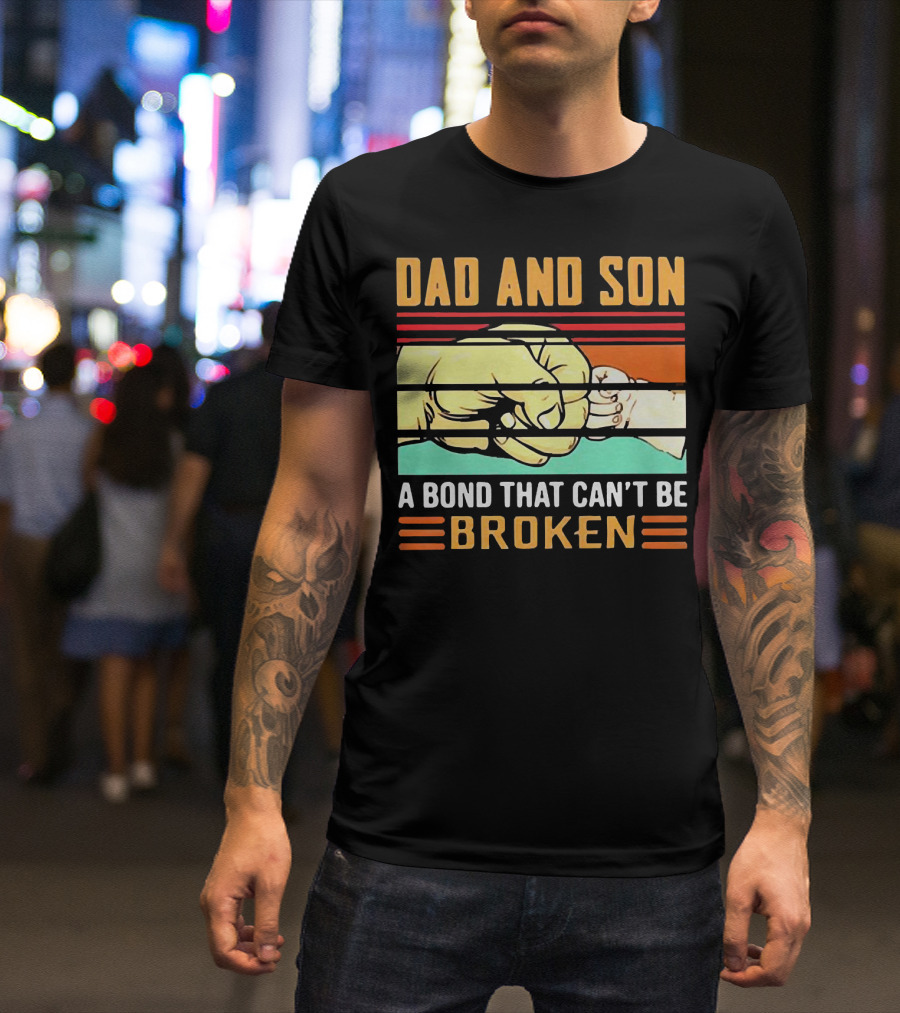 Dad And Son A Bond That Can't Be Broken Fist Bump Retro Stripes T-Shirt