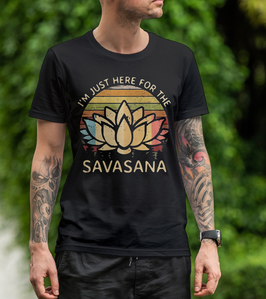 I'm Just Here For The Savasana Lotus With Retro Sunset Stripes T-Shirt