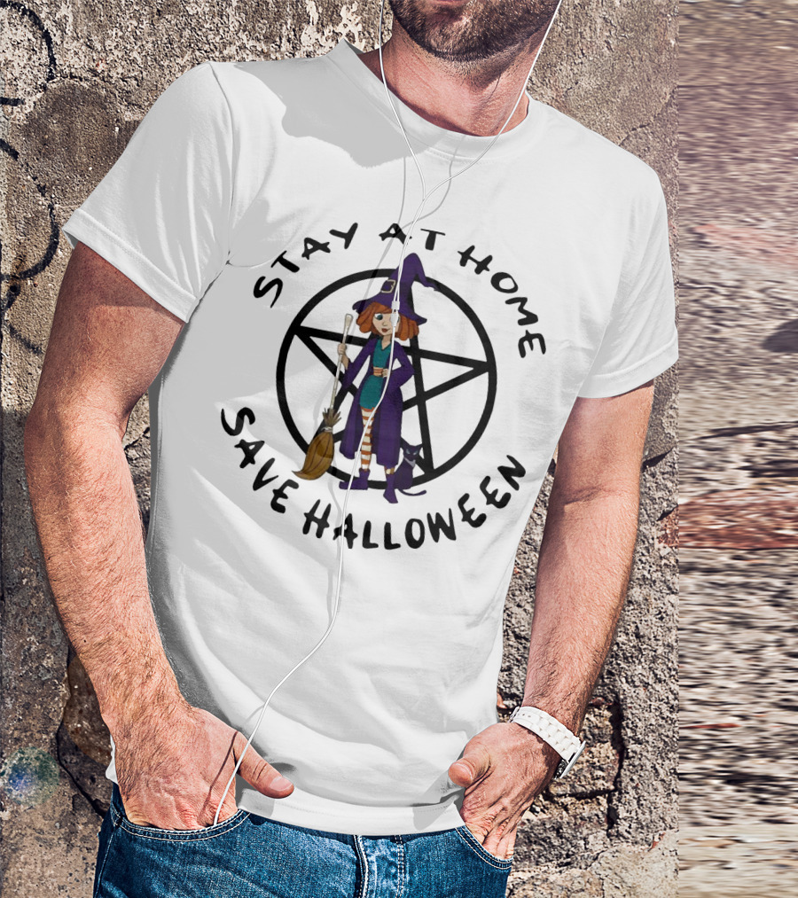 Stay At Home Save Halloween Witch With Broom And Black Cat T-Shirt
