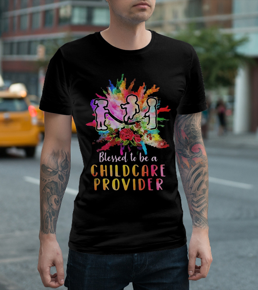 Blessed to Be a Childcare Provider Colorful Silhouette with Floral Background T-Shirt