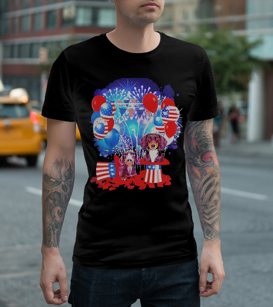 Dachshund American Flag Fireworks Balloons Independence Day T-Shirt