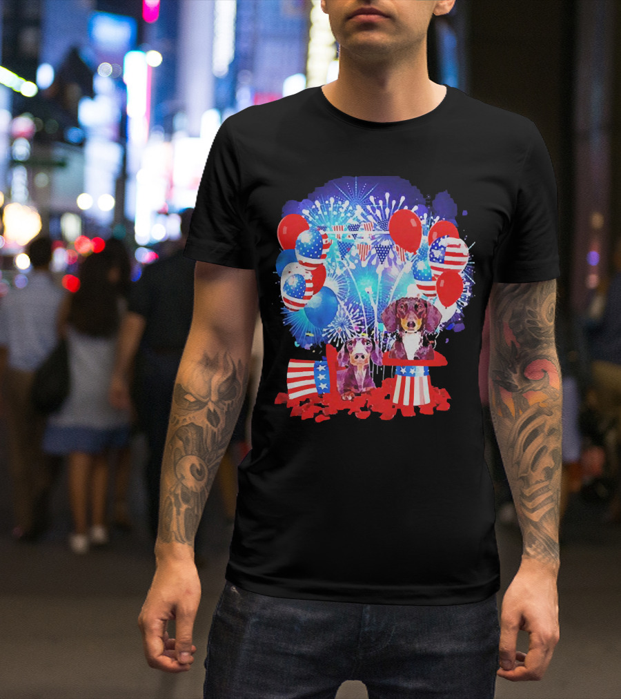 Dachshund American Flag Fireworks Balloons Independence Day T-Shirt