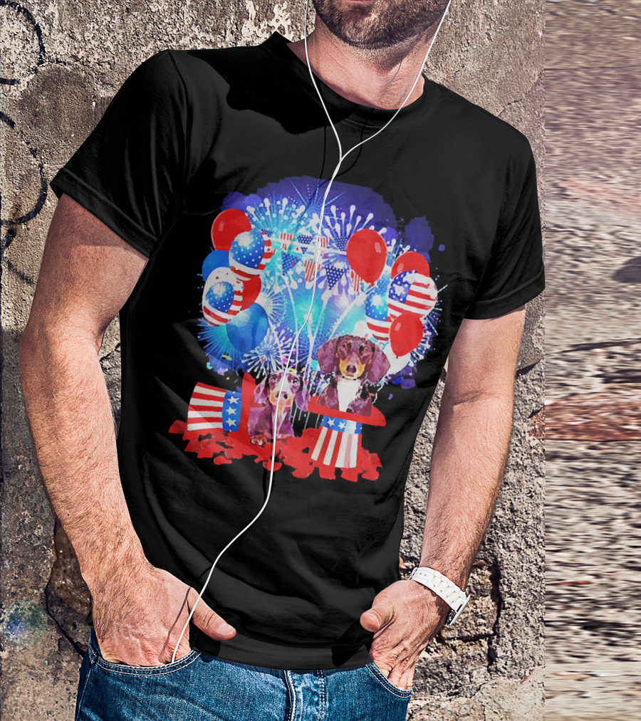 Dachshund American Flag Fireworks Balloons Independence Day T-Shirt
