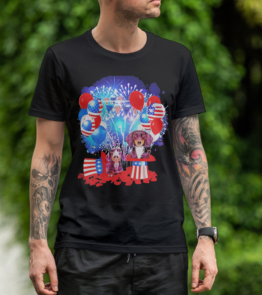 Dachshund American Flag Fireworks Balloons Independence Day T-Shirt
