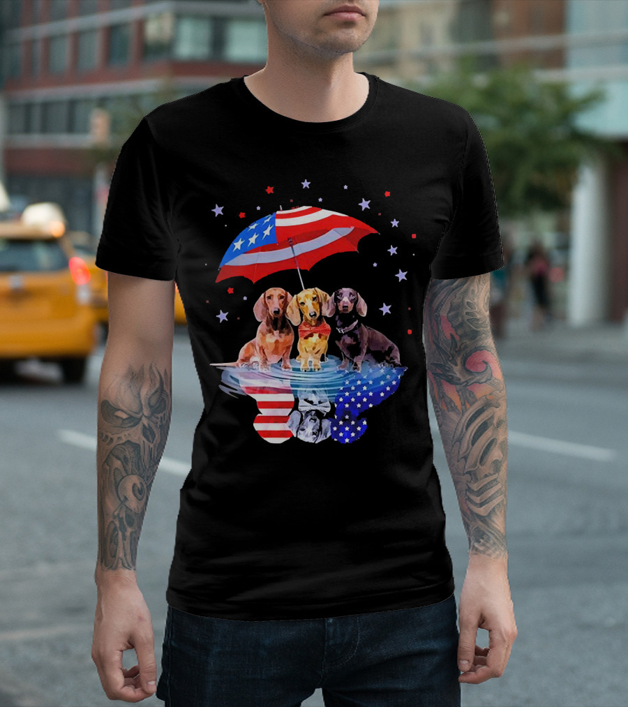 Dogs Dachshund American Flag Stars Umbrella T-Shirt