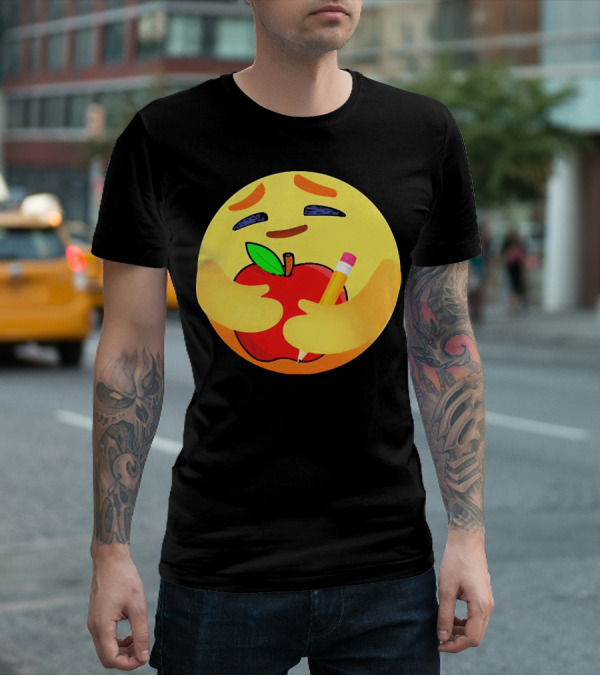 Teacher Care Emoji Hugging Apple And Pencil T-Shirt