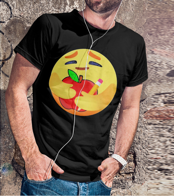 Teacher Care Emoji Hugging Apple And Pencil T-Shirt