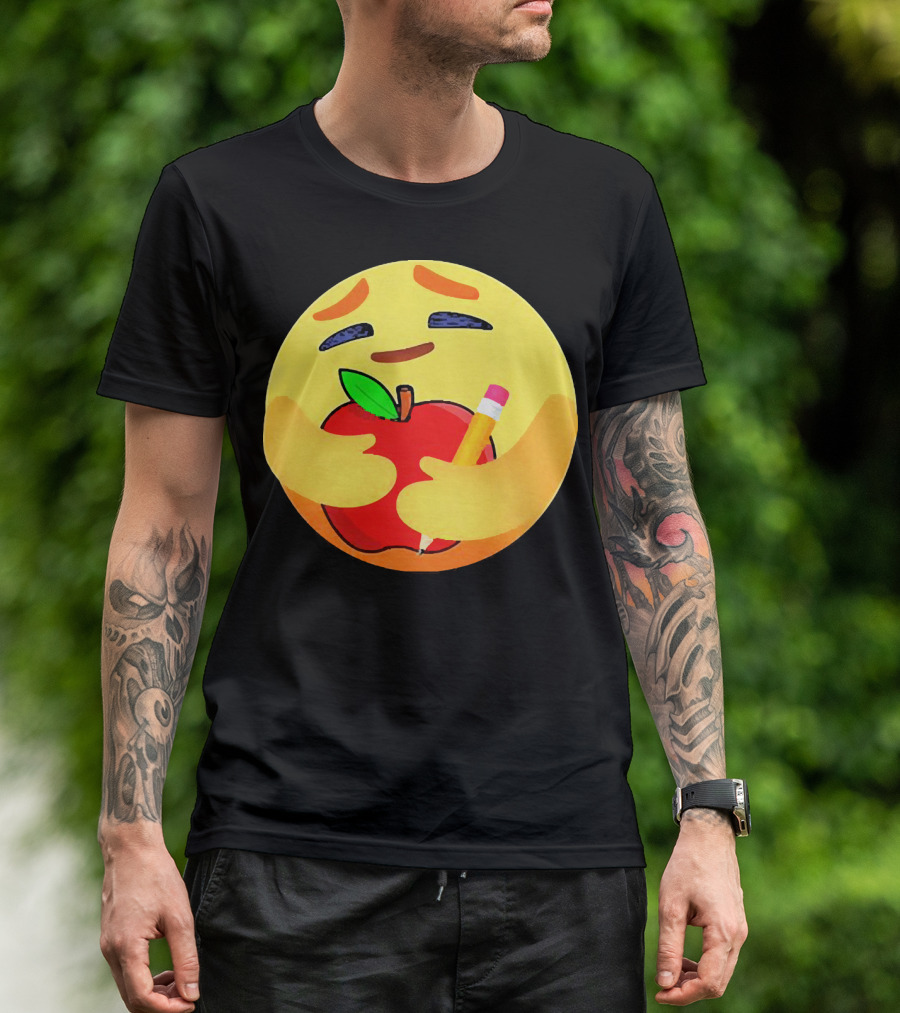 Teacher Care Emoji Hugging Apple And Pencil T-Shirt