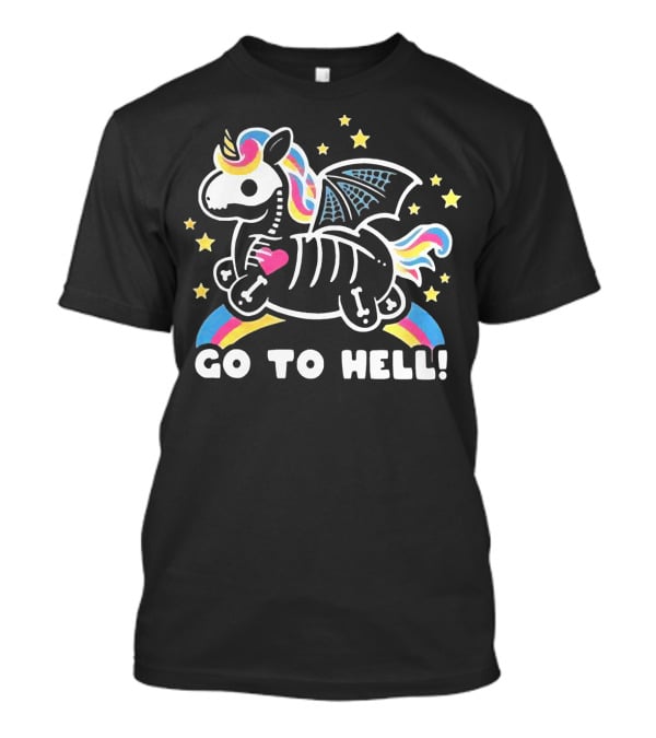 Unicorn Go To Hell Colorful Skeleton Bat Wings Rainbow Stars T-Shirt