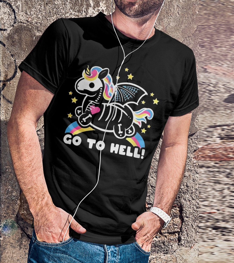 Unicorn Go To Hell Colorful Skeleton Bat Wings Rainbow Stars T-Shirt