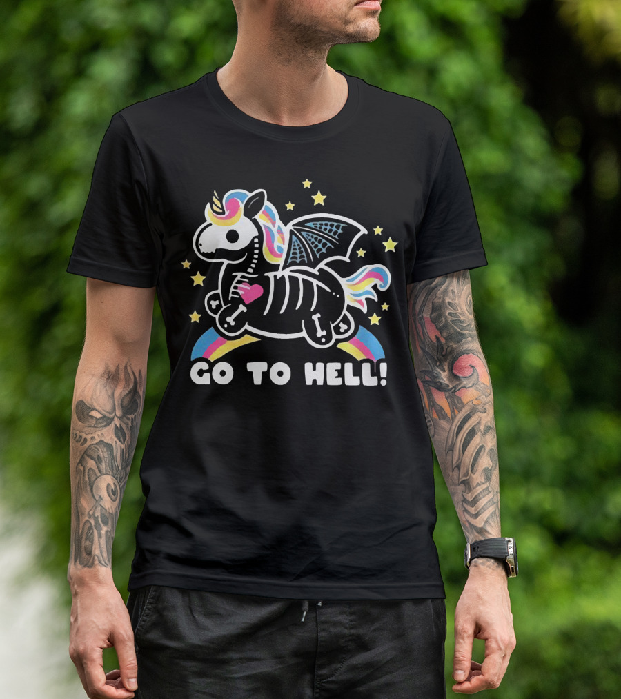 Unicorn Go To Hell Colorful Skeleton Bat Wings Rainbow Stars T-Shirt
