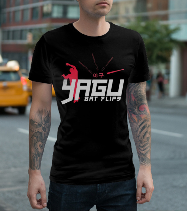 Yagu Bat Flips 야구 Red Silhouette With Bats T-Shirt
