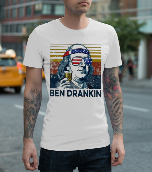 Ben Drankin Beer American Flag Sunglasses Patriotic Benjamin Franklin T-Shirt