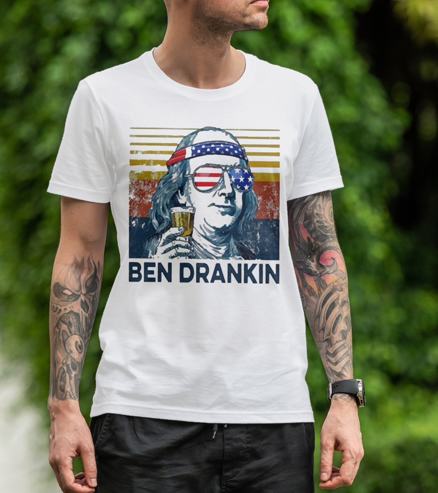 Ben Drankin Beer American Flag Sunglasses Patriotic Benjamin Franklin T-Shirt