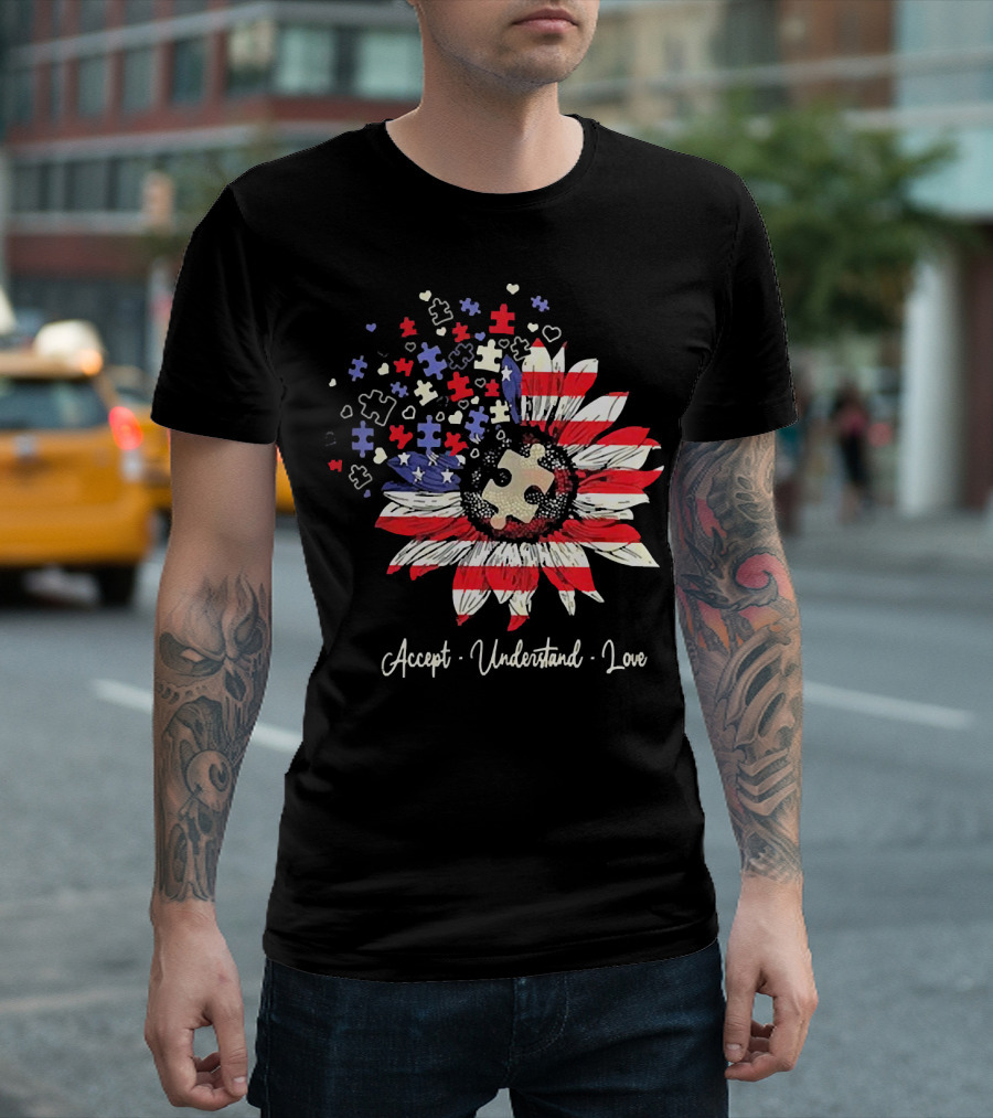 Accept Understand Love Autism Sunflower American Flag Puzzle Pieces T-Shirt