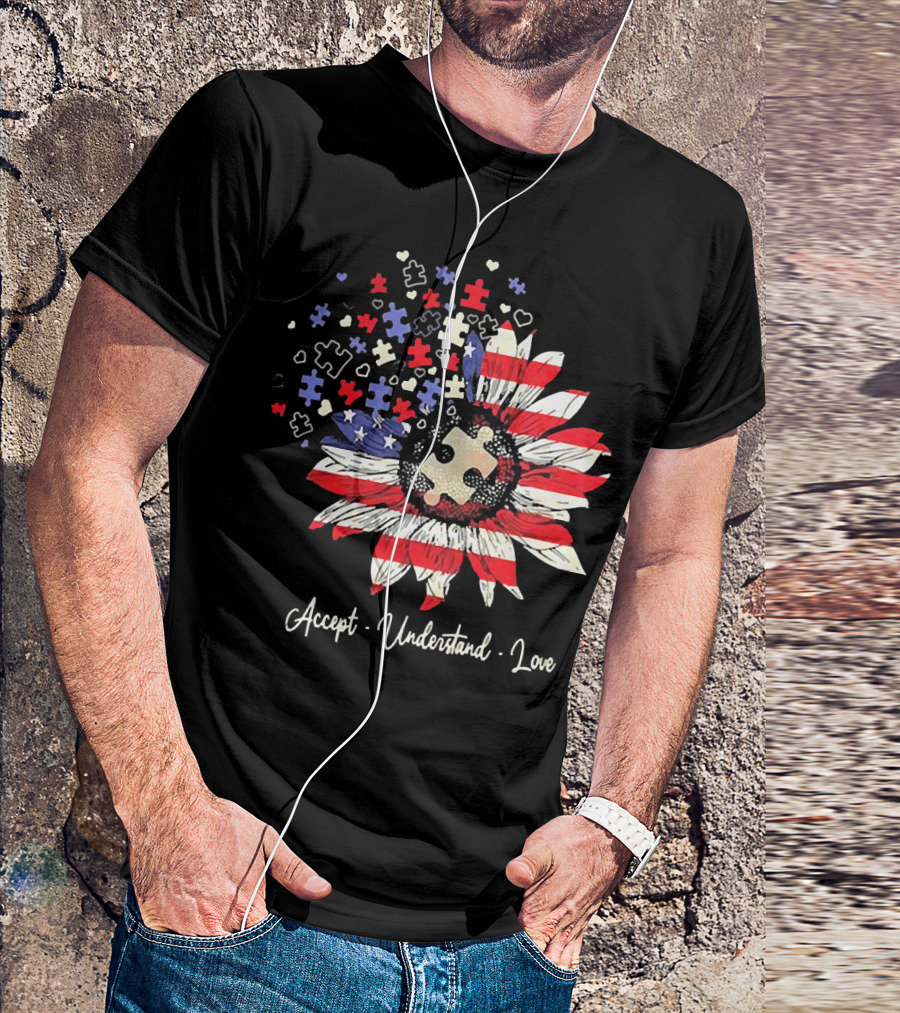 Accept Understand Love Autism Sunflower American Flag Puzzle Pieces T-Shirt
