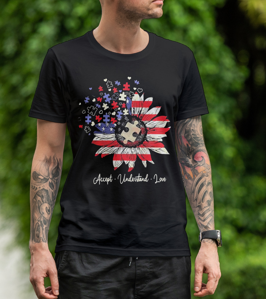 Accept Understand Love Autism Sunflower American Flag Puzzle Pieces T-Shirt