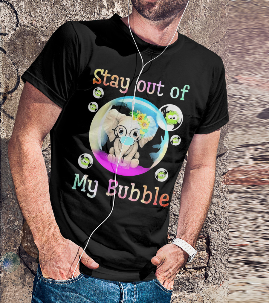 Stay Out Of My Bubble Elephant Cartoon With Face Mask And Virus Icons T-Shirt