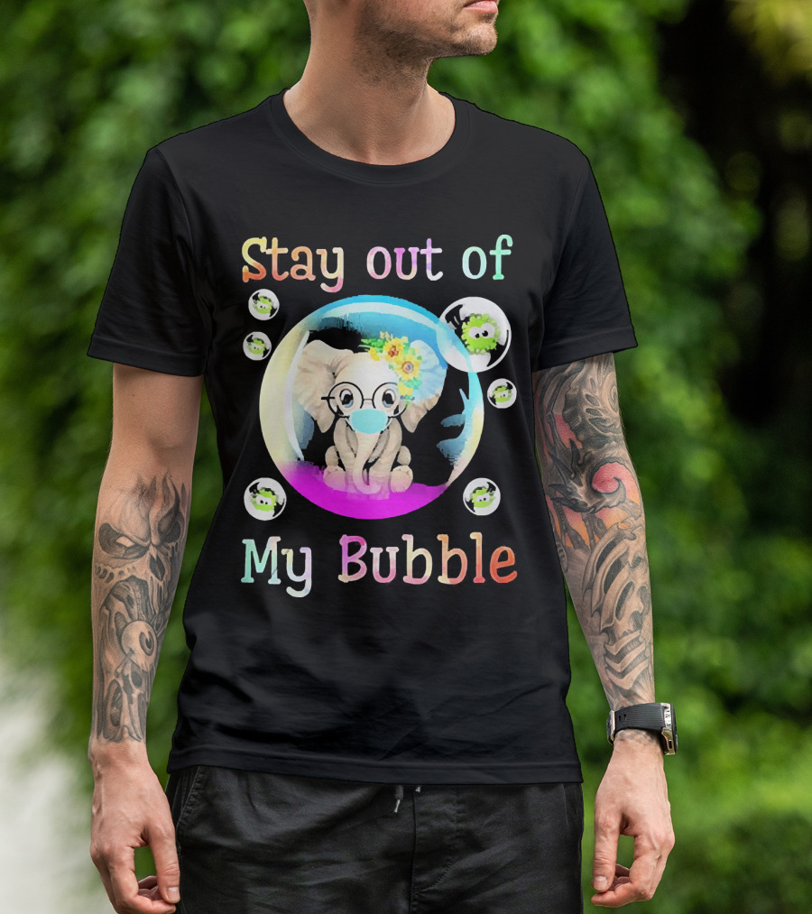 Stay Out Of My Bubble Elephant Cartoon With Face Mask And Virus Icons T-Shirt