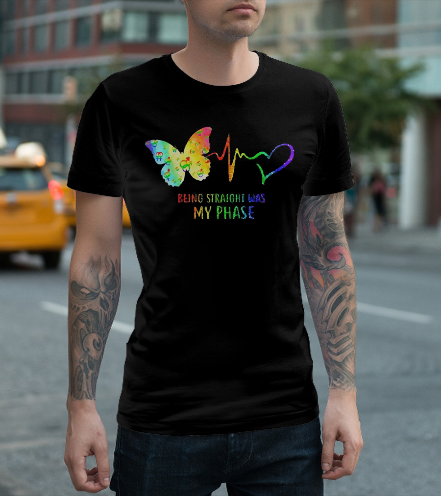 Being Straight Was My Phase Heartbeat Butterfly Rainbow T-Shirt