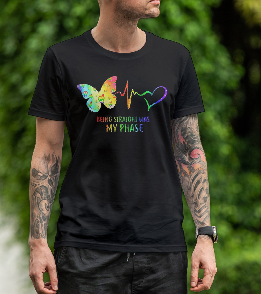 Being Straight Was My Phase Heartbeat Butterfly Rainbow T-Shirt