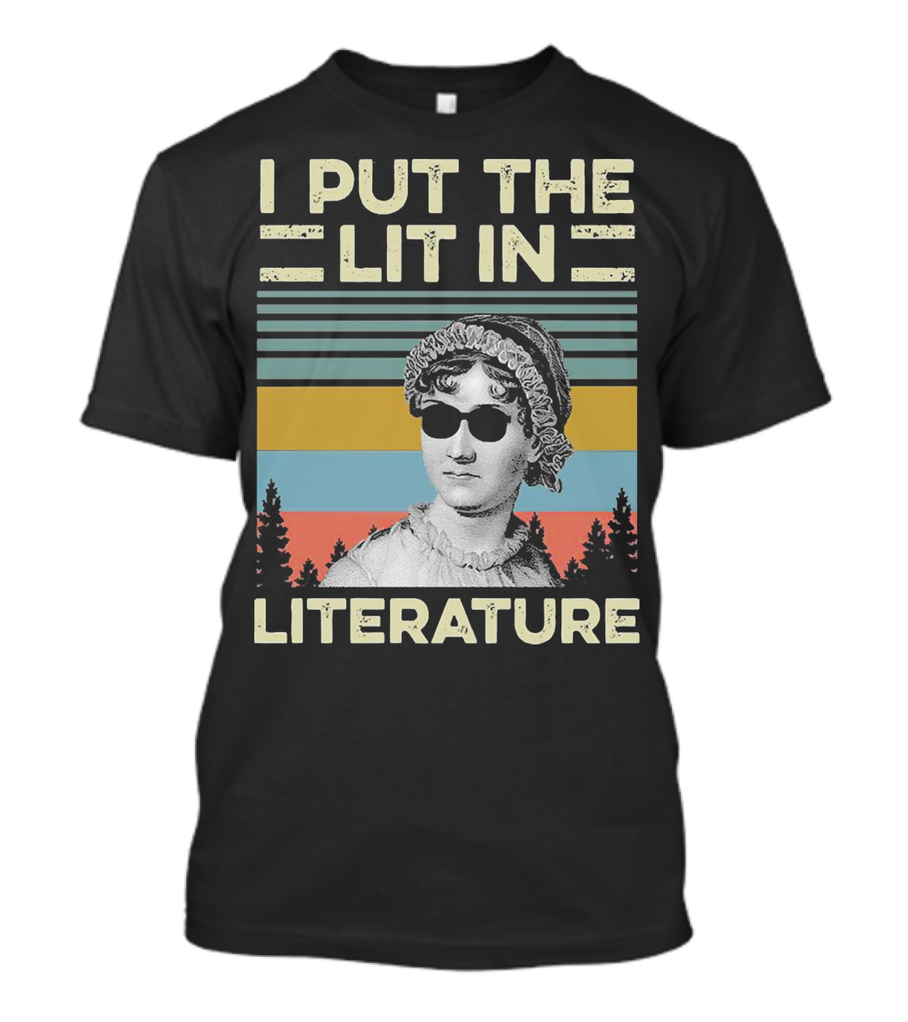 I Put The Lit In Literature Jane Austen Vintage Sunglasses Retro Forest Stripes T-Shirt