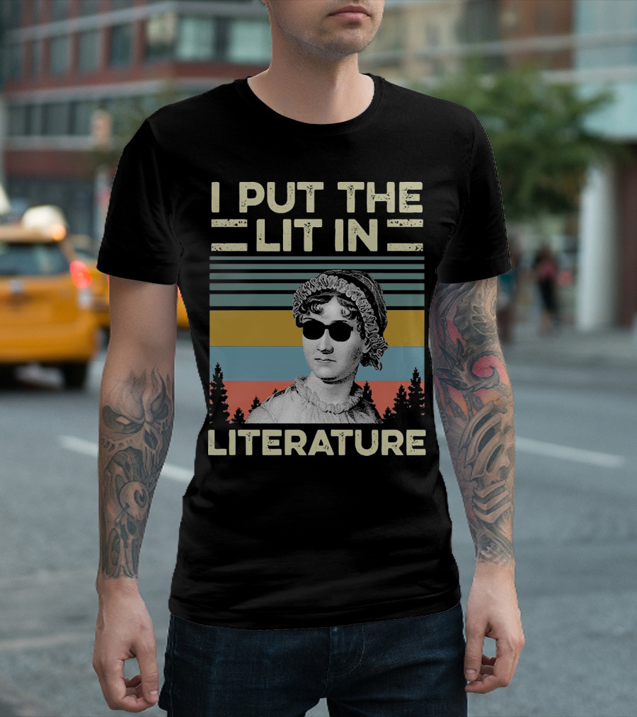 I Put the Lit in Literature Jane Austen Vintage Sunglasses Retro Forest Stripes T-Shirt