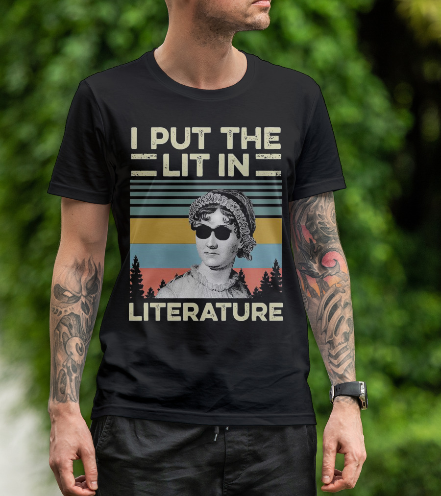 I Put The Lit In Literature Jane Austen Vintage Sunglasses Retro Forest Stripes T-Shirt