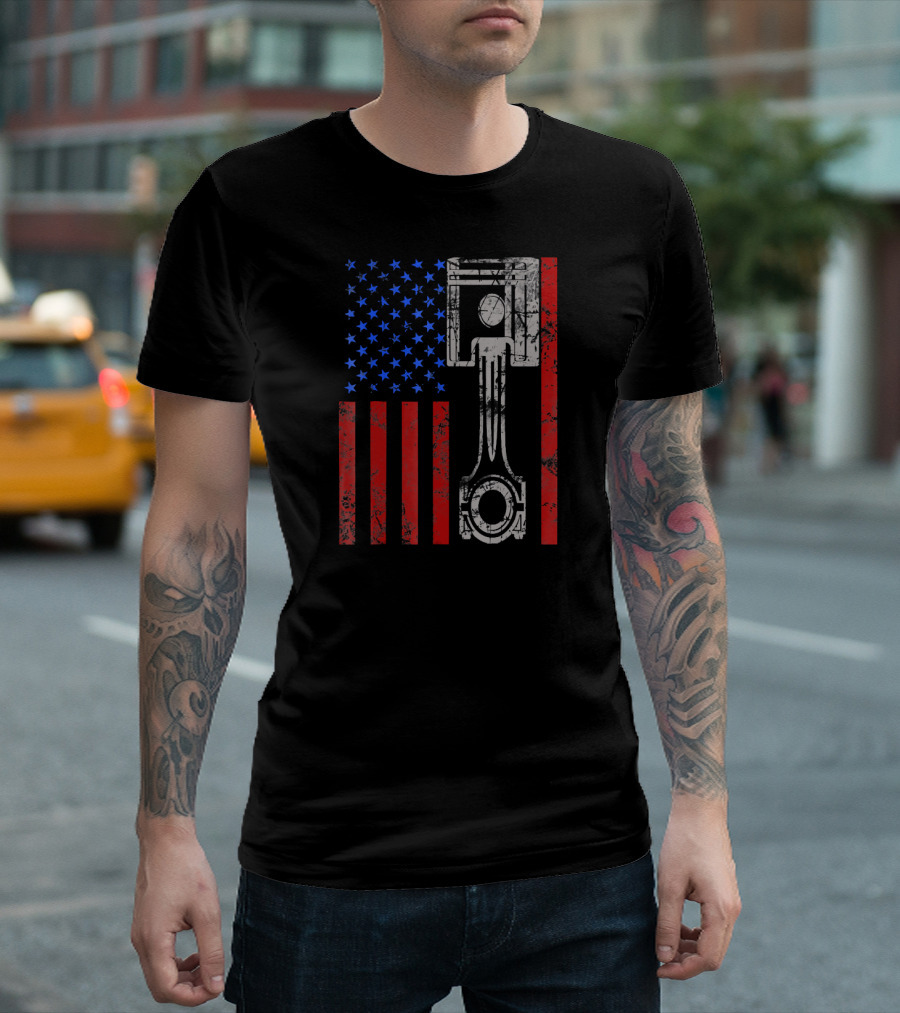 American Flag Muscle Car Piston Patriotic T-Shirt