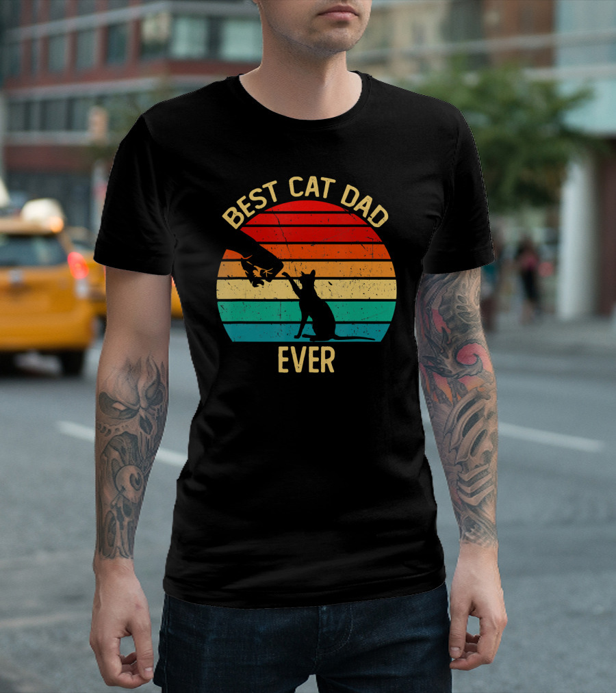 Best Cat Dad Ever Retro Vintage Paw Fist Bump Silhouette Sunset T-Shirt