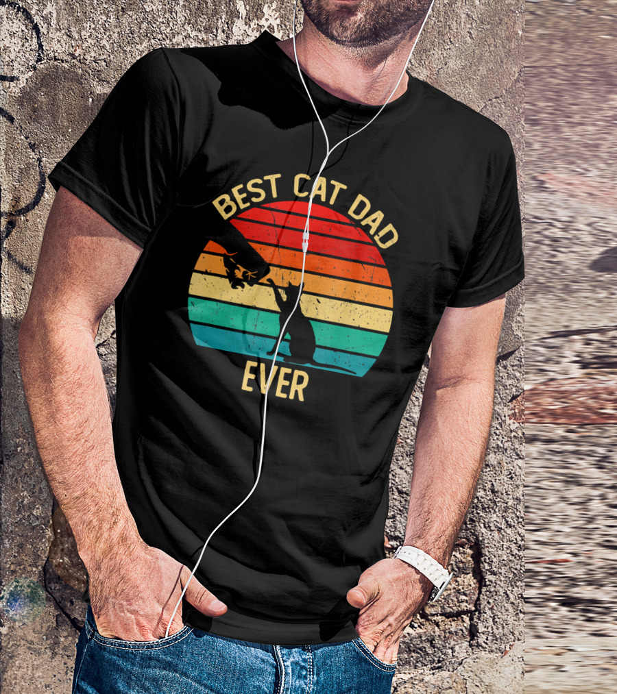 Best Cat Dad Ever Retro Vintage Paw Fist Bump Silhouette Sunset T-Shirt