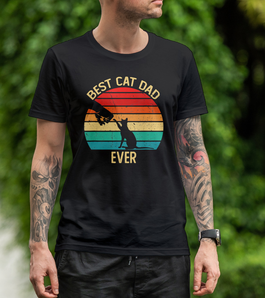 Best Cat Dad Ever Retro Vintage Paw Fist Bump Silhouette Sunset T-Shirt