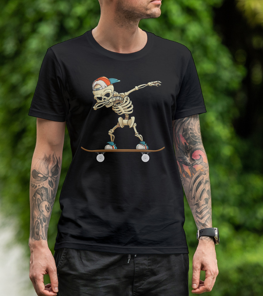 Dabbing Skeleton Skater Cool Skateboard Trick T-Shirt