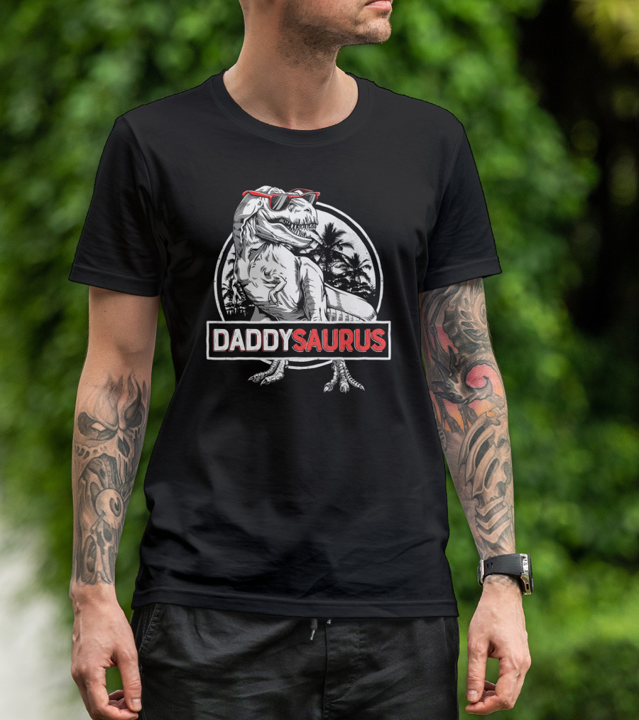 Daddysaurus Rex Daddy Saurus Dinosaur With Sunglasses And Palm Trees T-Shirt