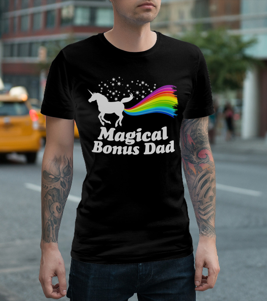 Magical Bonus Dad Unicorn with Rainbow and Stars T-Shirt