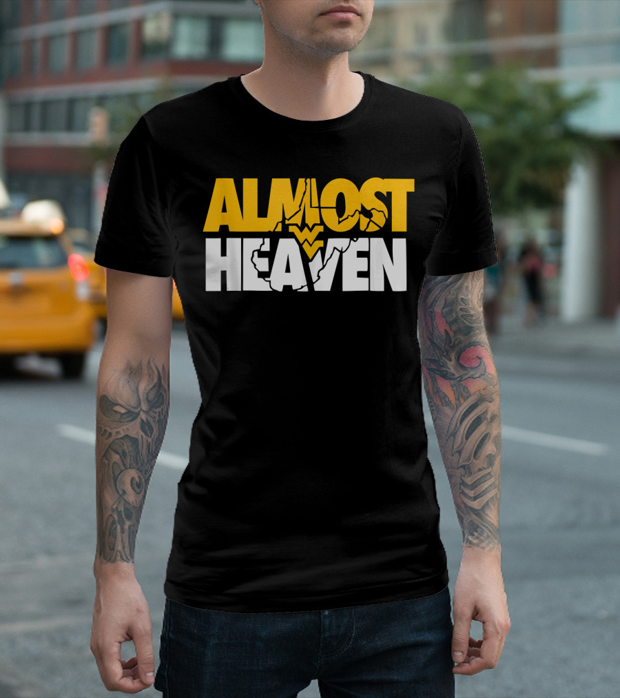 Almost Heaven West Virginia Bold Text With State Silhouette And Mountain Elements T-Shirt