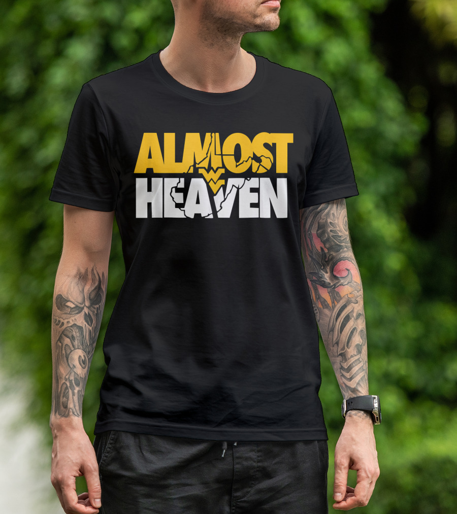 Almost Heaven West Virginia Bold Text With State Silhouette And Mountain Elements T-Shirt