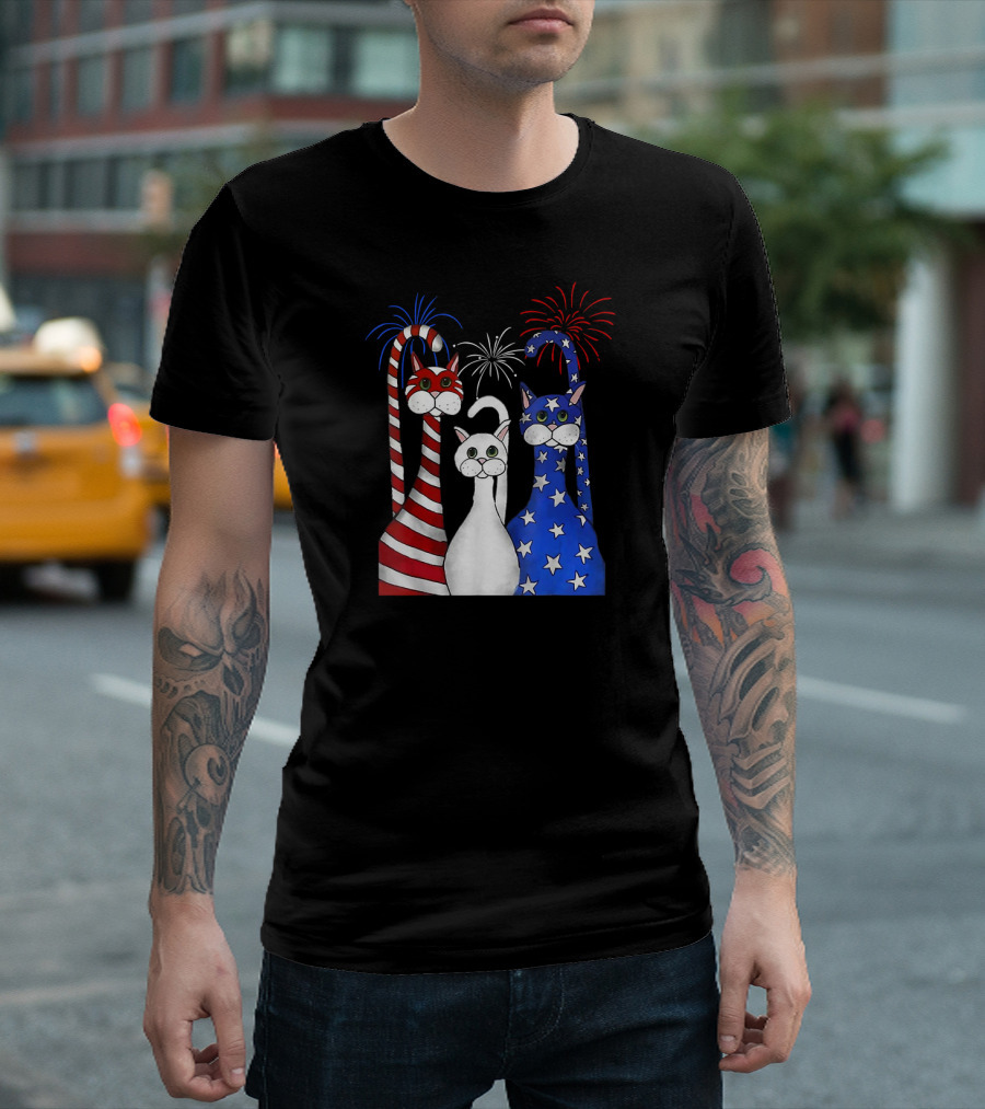 Patriotic Cats American Flag Paws USA Fireworks T-Shirt