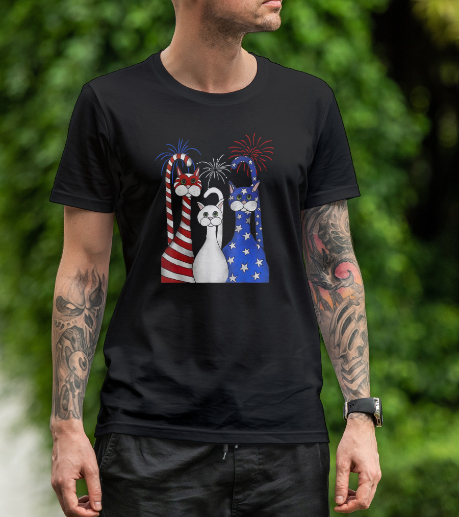 Patriotic Cats American Flag Paws USA Fireworks T-Shirt