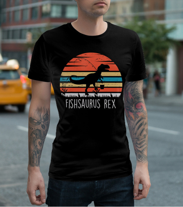 Fishsaurus Rex Dinosaur Vintage Fishing Sunset T-Shirt