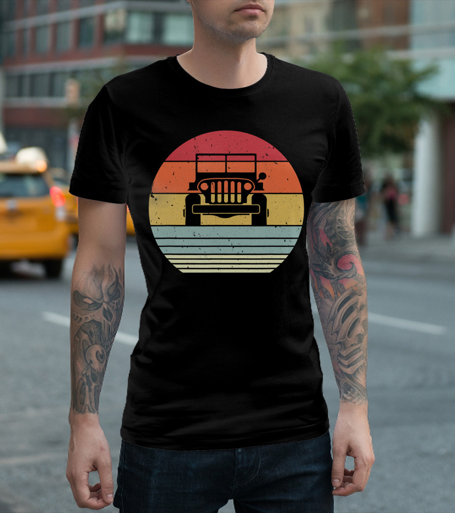 Retro Style Off Road 4X4 Vintage Jeep Silhouette Sunset Stripes T-Shirt
