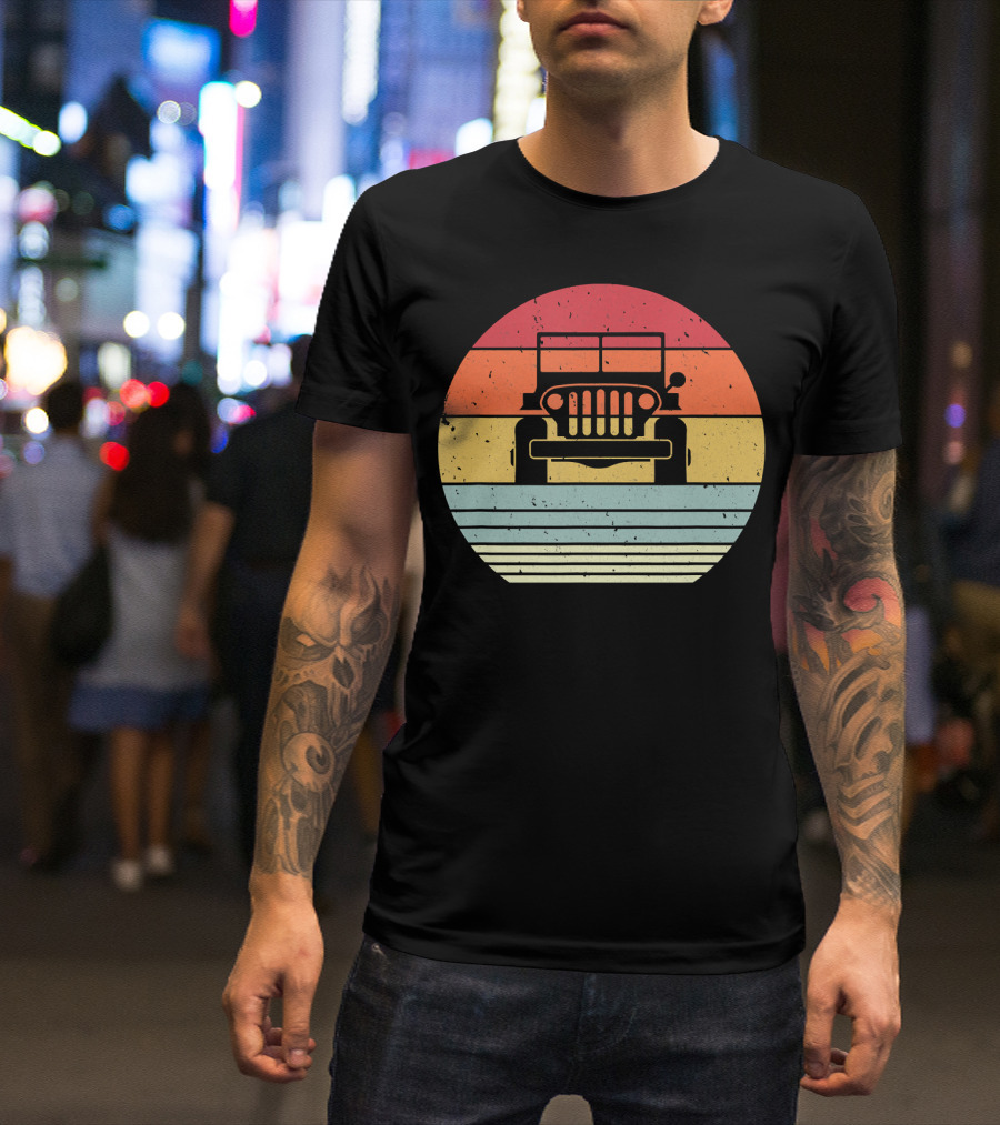 Retro Style Off Road 4X4 Vintage Jeep Silhouette Sunset Stripes T-Shirt