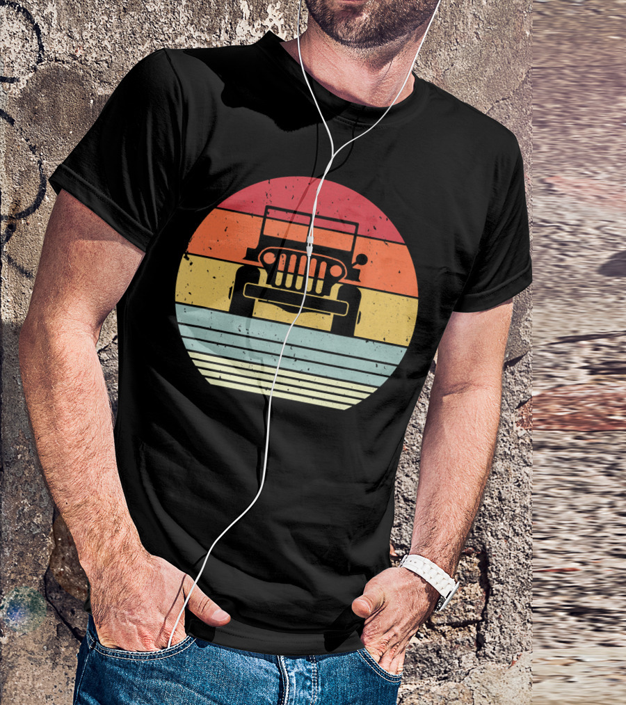 Retro Style Off Road 4X4 Vintage Jeep Silhouette Sunset Stripes T-Shirt